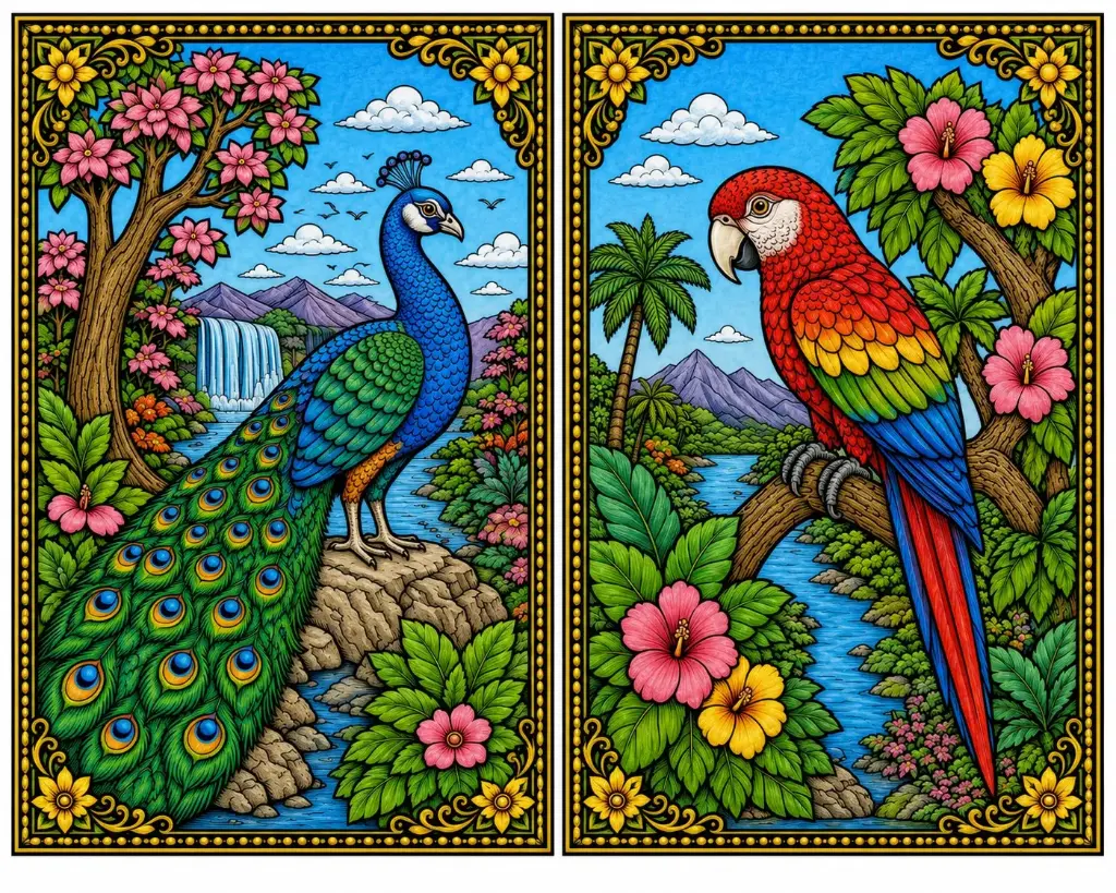 Peacock & Parrot Floral Canvas Painting Kit – Colorful Nature Artwork Set of 2